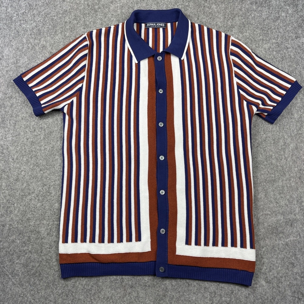 PJ PAUL JONES Shirt Mens Lg Multicolor Striped Knit Button Up Retro Short Sleeve